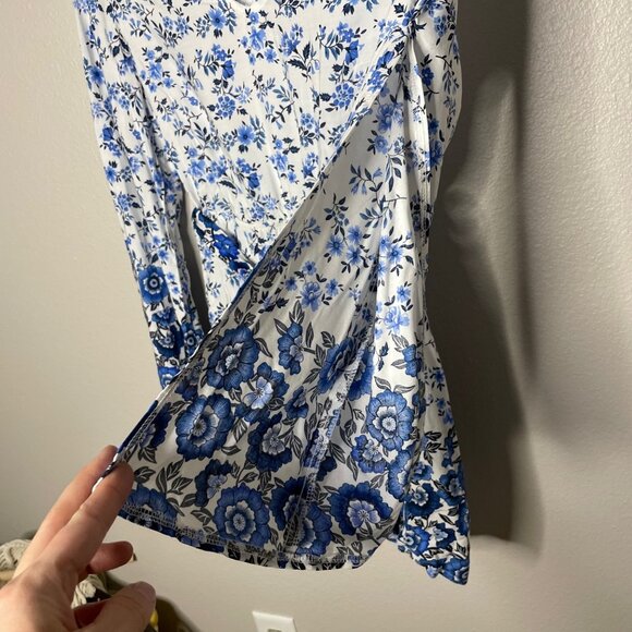 ASOS Parisian Long Sleeve Romper Size 6 Petite Floral Border Print Blue 6P - Picture 5 of 12